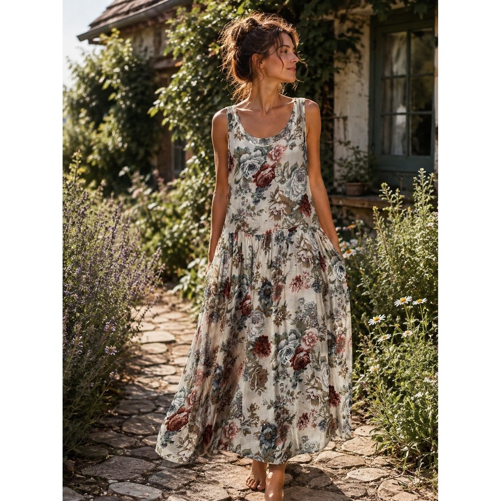 Vintage 90's Bila Antique Rose Floral Maxi Jumper Dress L Cottagecore Feminine